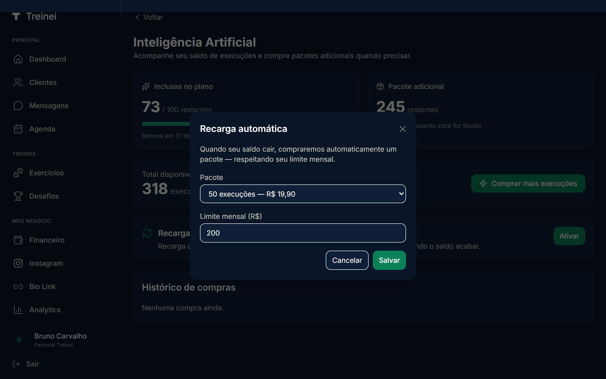 Modal "Recarga automática" com dropdown de pacote (50 execuções — R$ 19,90 selecionado), campo Limite mensal R$ (200), botões Cancelar e Salvar