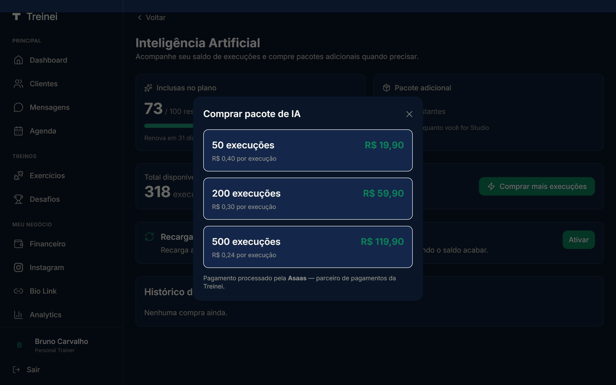 Modal "Comprar pacote de IA" mostrando os três pacotes disponíveis: 50 execuções por R$ 19,90, 200 execuções por R$ 59,90, 500 execuções por R$ 119,90 — cada card mostra o preço por execução abaixo
