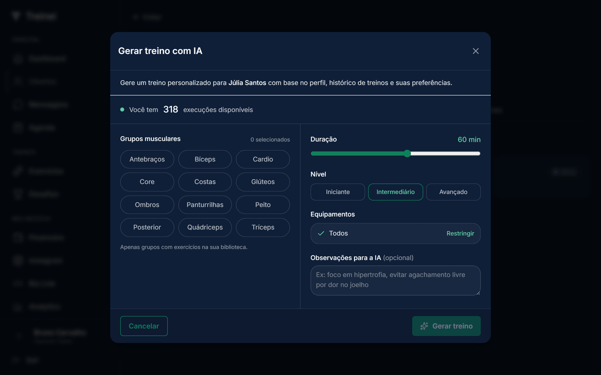 Modal Gerar treino com IA: coluna esquerda com 12 pílulas de grupos canônicos, coluna direita com duração, dificuldade e equipamentos. Linha superior mostra contagem de créditos.