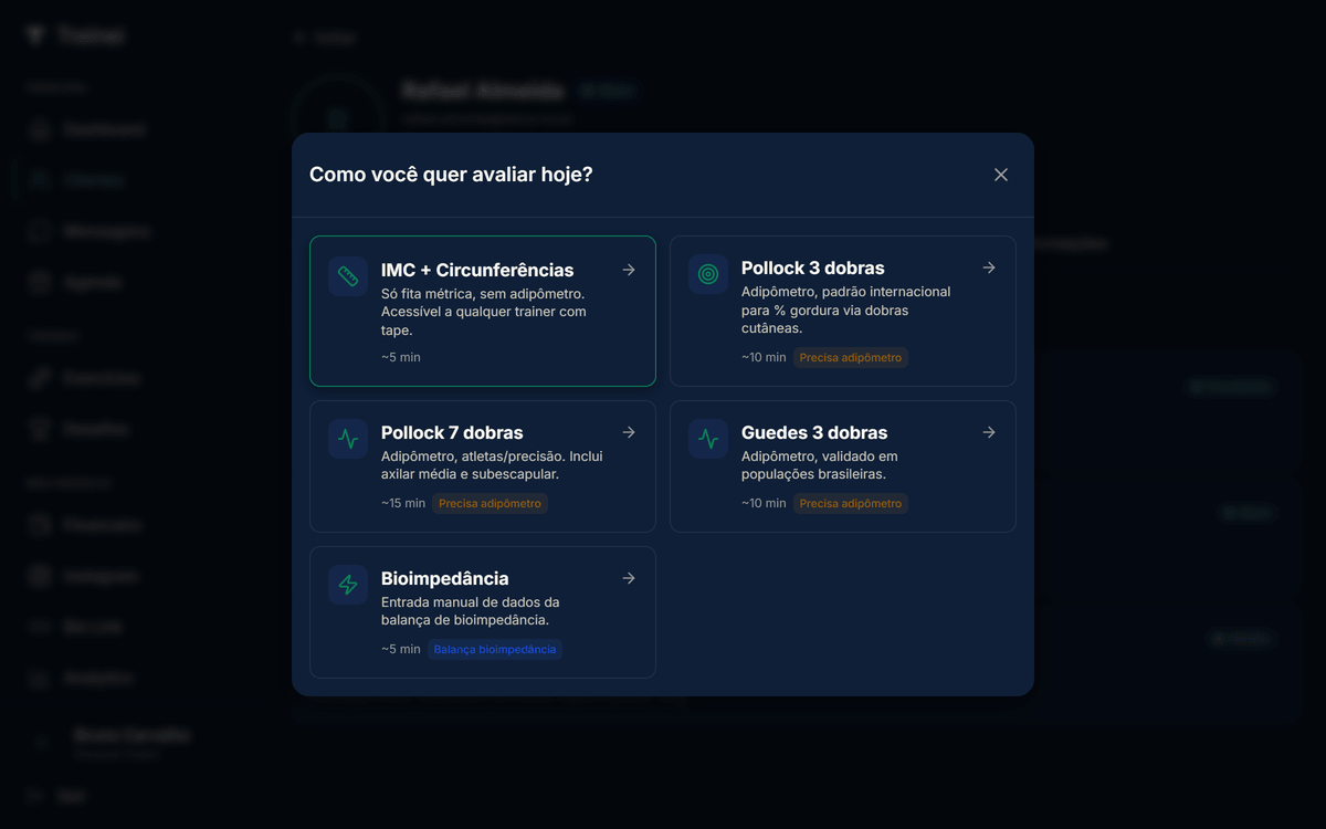Tela "Como você quer avaliar hoje?" com cards dos 5 templates: IMC + Circunferências, Pollock 3, Pollock 7, Guedes 3 e Bioimpedância