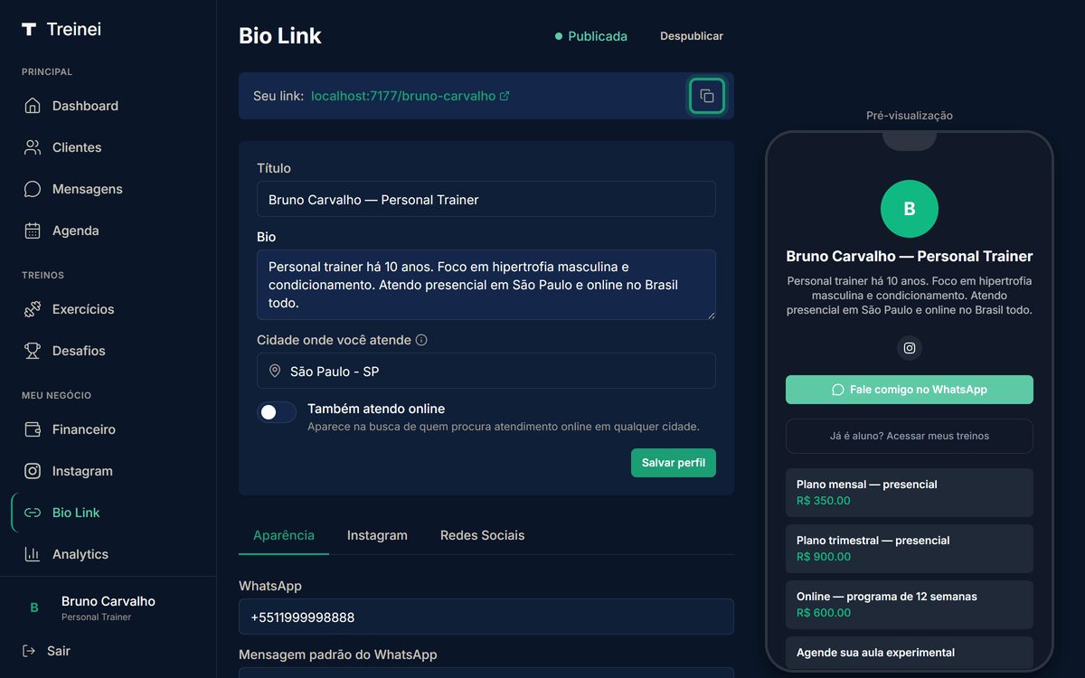 Card "Seu link: meucoach.app.br/seu-slug" no topo de /bio-link com botão de copiar ao lado destacado em verde