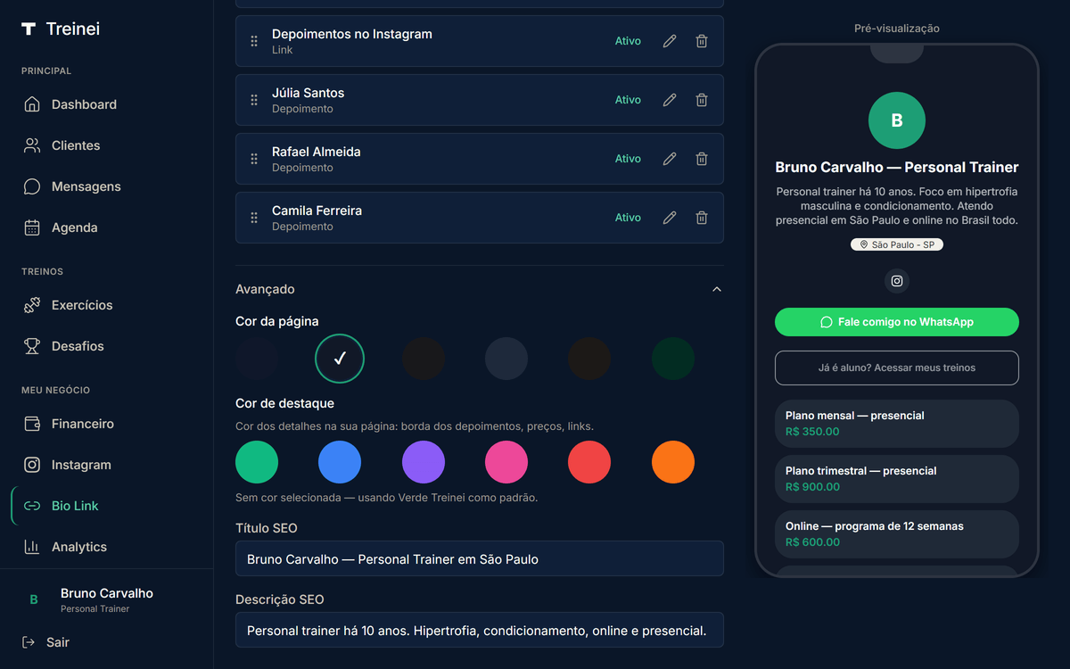Seção Avançado de /bio-link com pickers Cor da página e Cor de destaque mostrando 6 swatches por modo + hint "Sem cor selecionada — usando Verde Treinei como padrão"