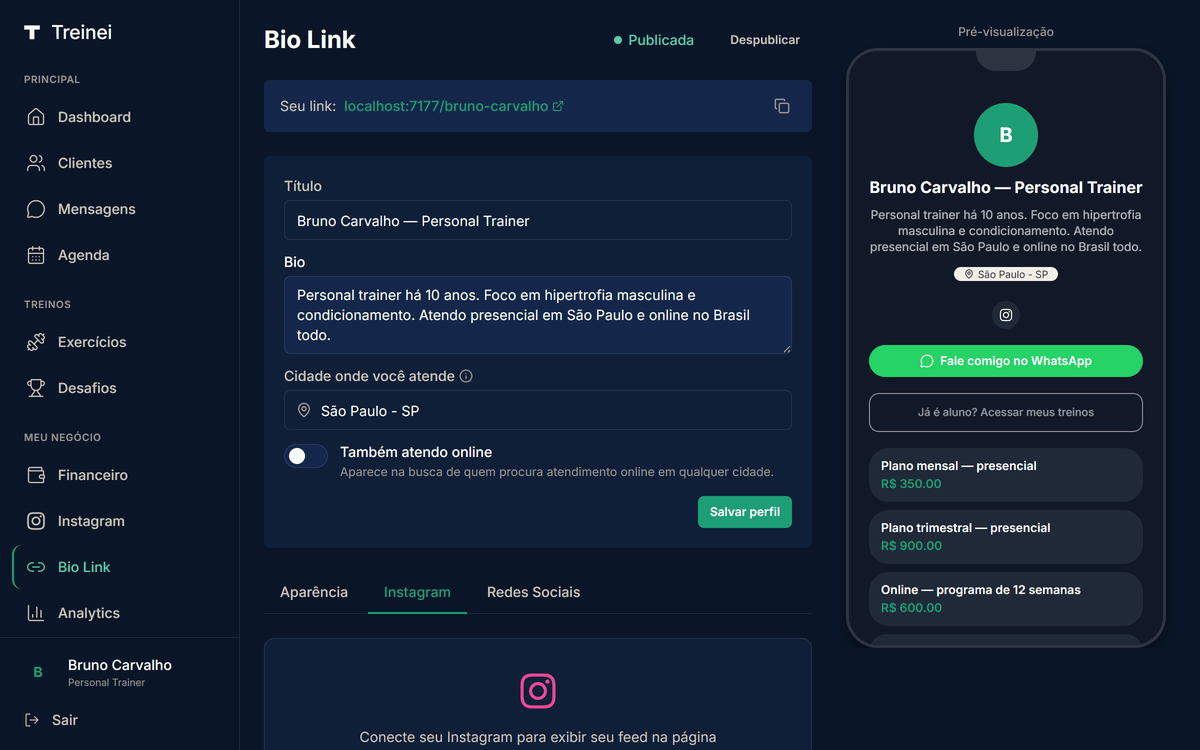 Aba Instagram do /bio-link com header do perfil acima e card "Conecte seu Instagram para exibir seu feed na página" com botão Conectar Instagram