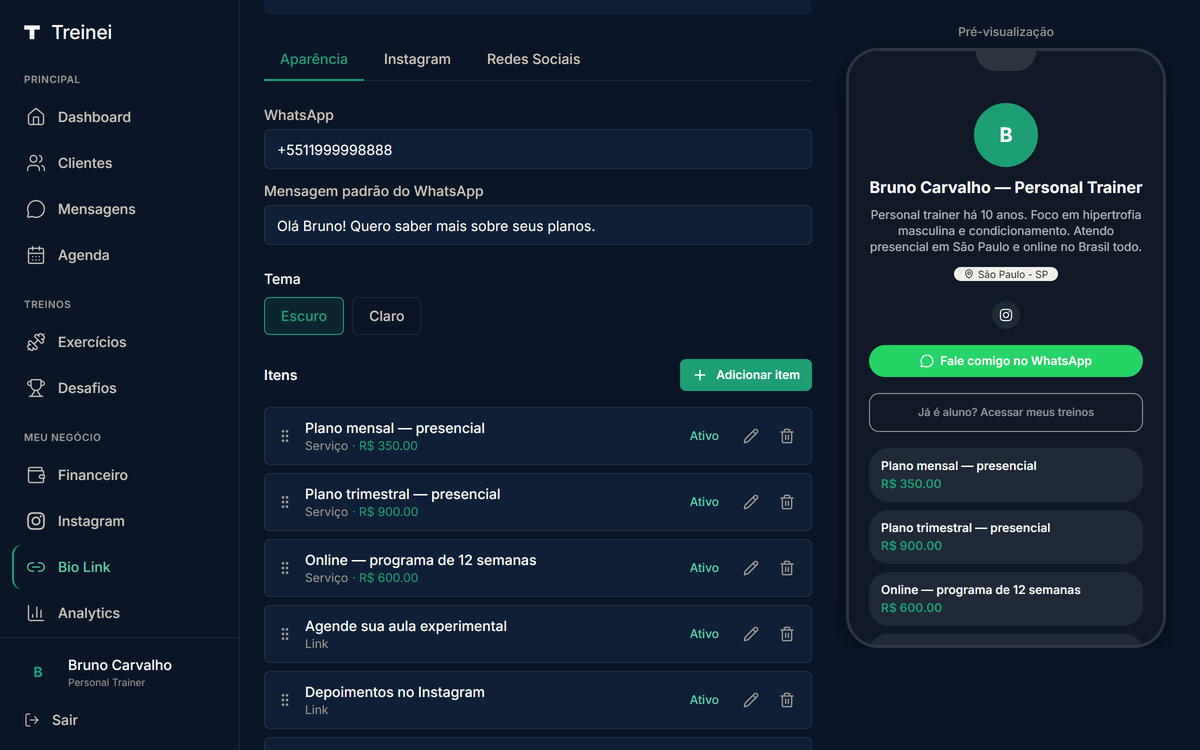 Lista de itens da bio link mostrando 3 Serviços com preço, 2 Links e 3 Depoimentos com handle de drag, badge Ativo e ícones de editar e remover