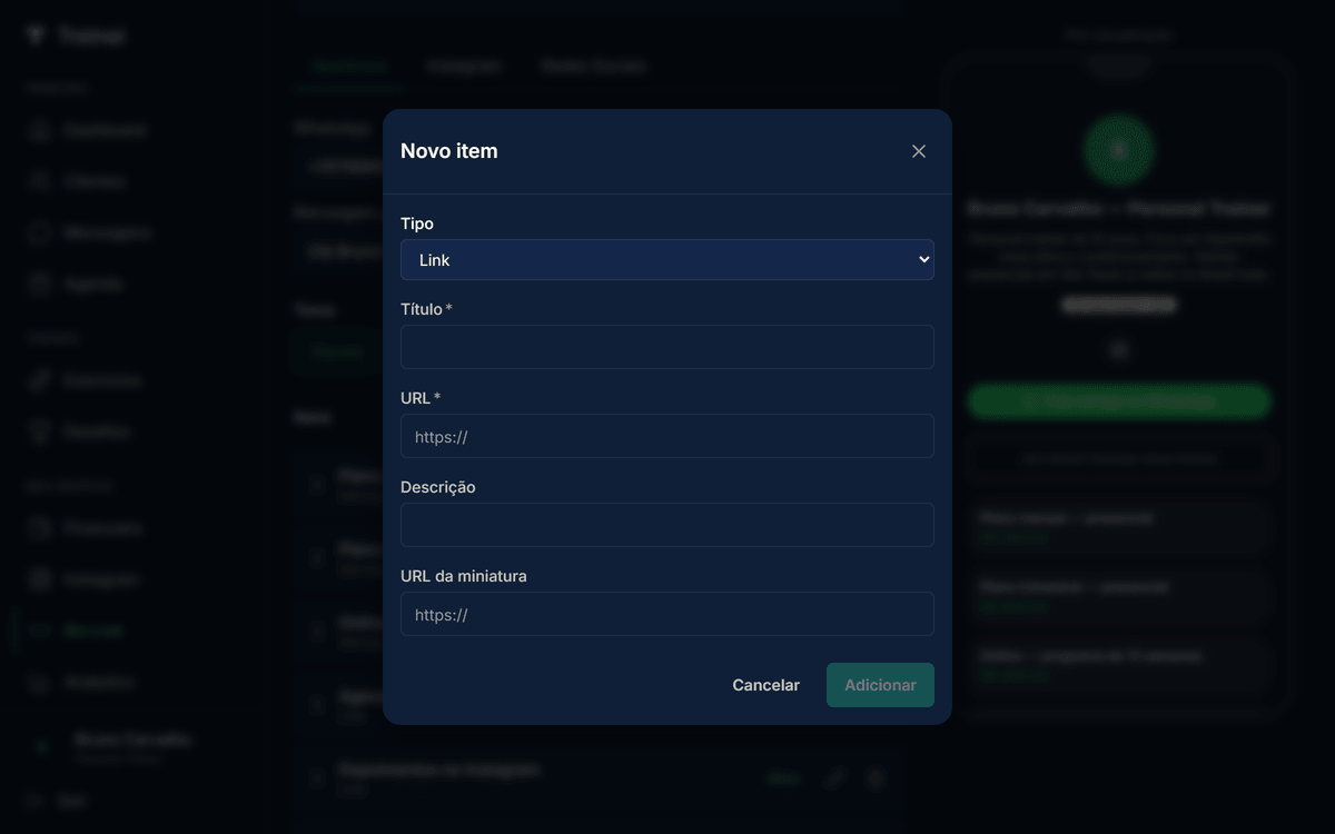Modal Novo item aberto com Tipo no topo (Link selecionado), campos Título, URL, Descrição, URL da miniatura e botões Cancelar e Adicionar no rodapé