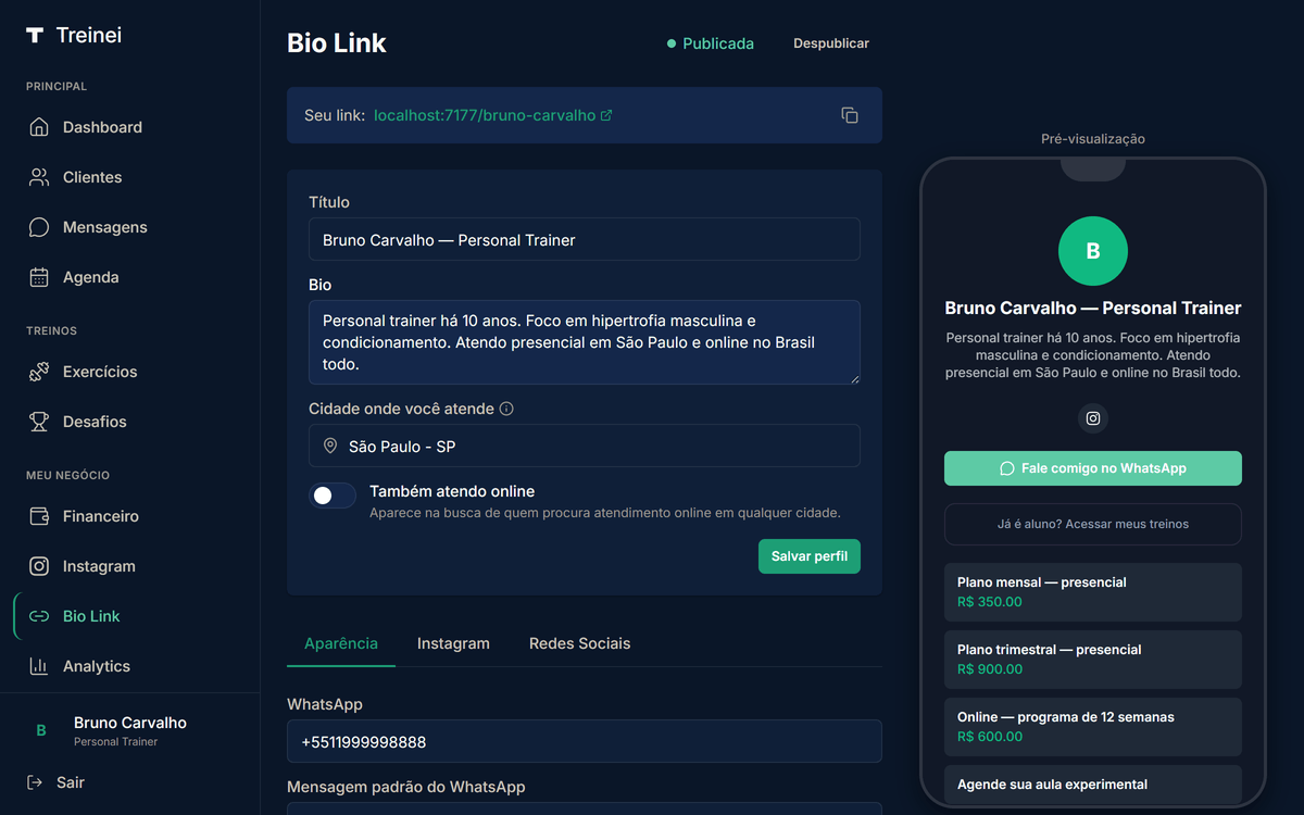 Página /bio-link mostrando o slug atual destacado em verde com botão para copiar a URL e configurações de SEO