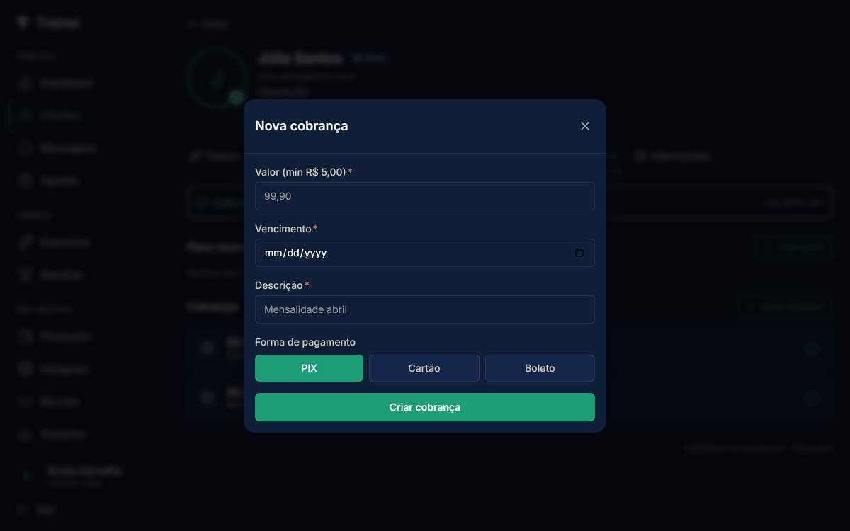 Modal "Nova cobrança" com campos Valor, Vencimento, Descrição e três botões para escolher forma de pagamento — Pix, Cartão e Boleto