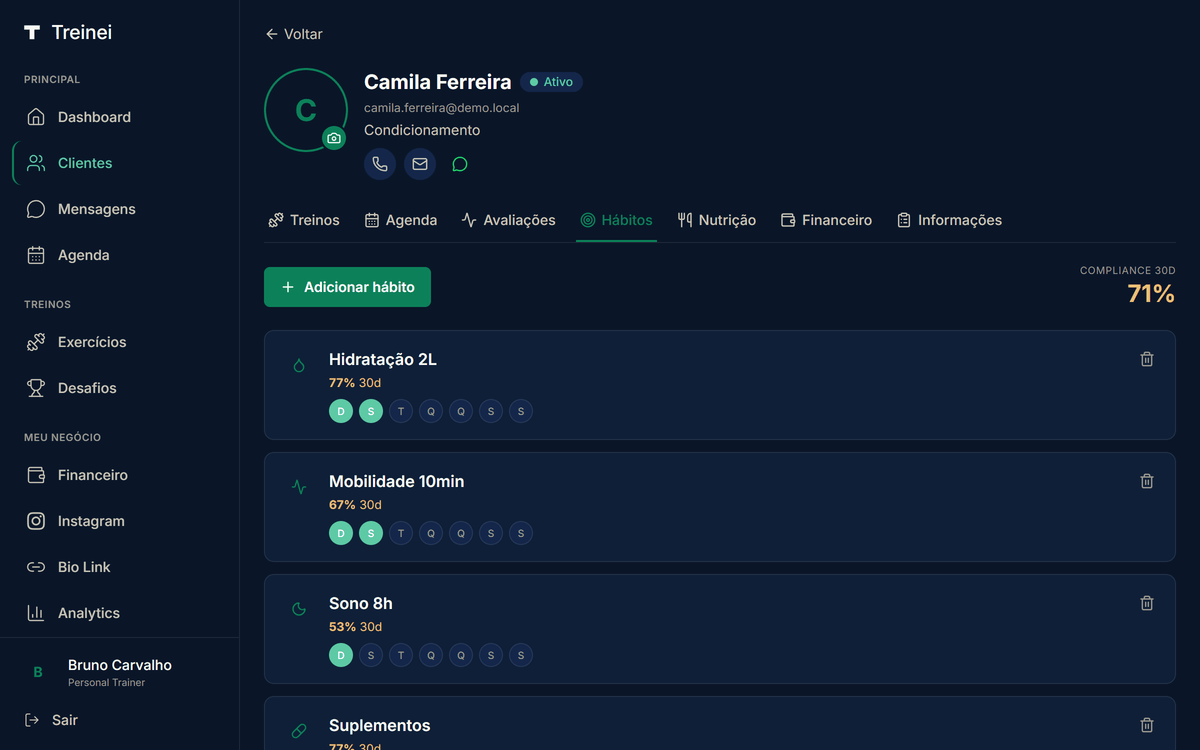 Aba Hábitos da Camila: cada card mostra nome, % de compliance com a janela real ("78% 22d"), círculos de 7 dias com letra do dia da semana (D S T Q Q S S), e calendário tradicional Dom-Sáb com cores por dia.