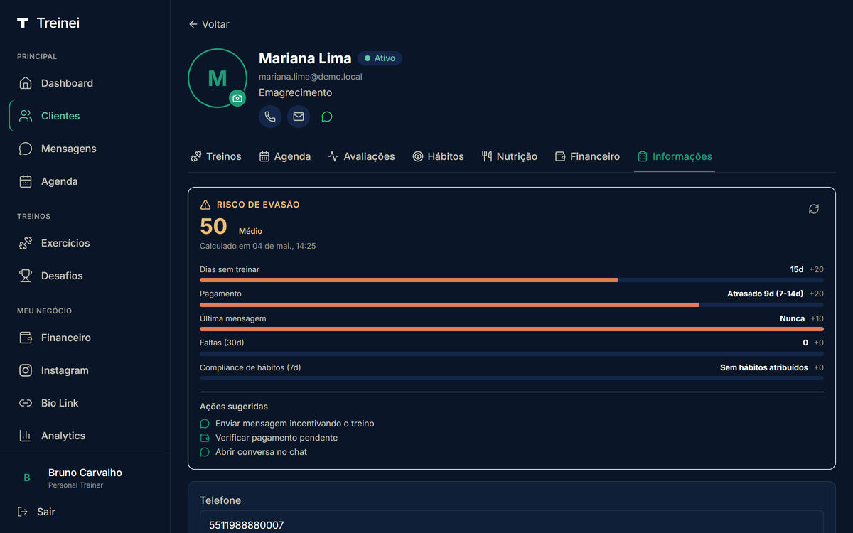 Card "Risco de evasão" no perfil do aluno mostrando score numérico, faixa, barras dos fatores (dias sem treinar, pagamento, mensagem, faltas) e ações sugeridas