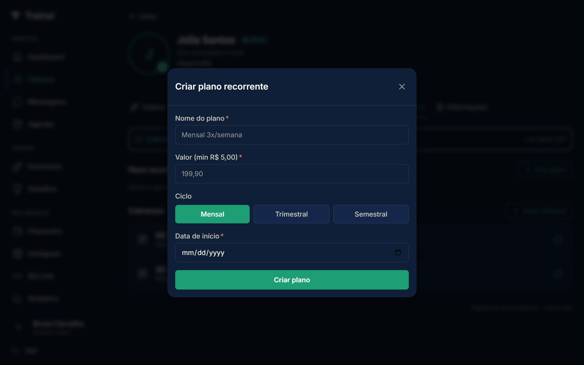 Modal "Criar plano recorrente" mostrando campos Nome do plano, Valor, três botões para o ciclo (Mensal/Trimestral/Semestral) e Data de início