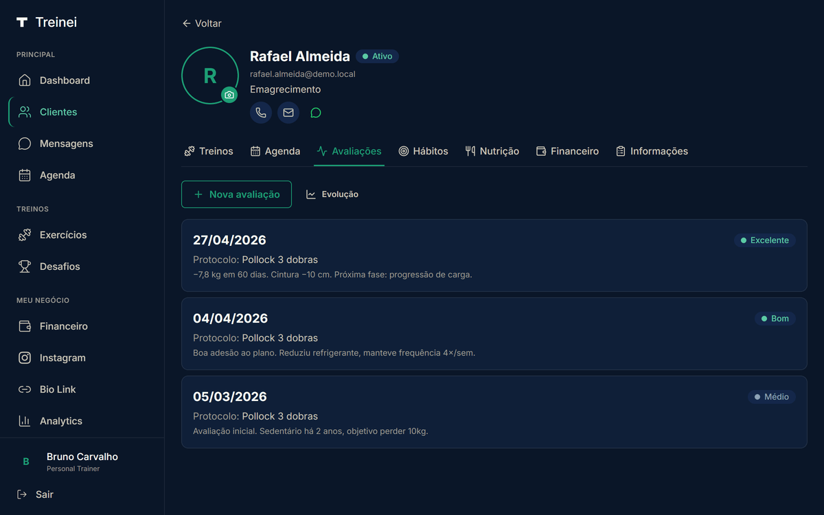 Aba Avaliações do perfil do aluno com lista de avaliações registradas e botões Nova avaliação + Evolução