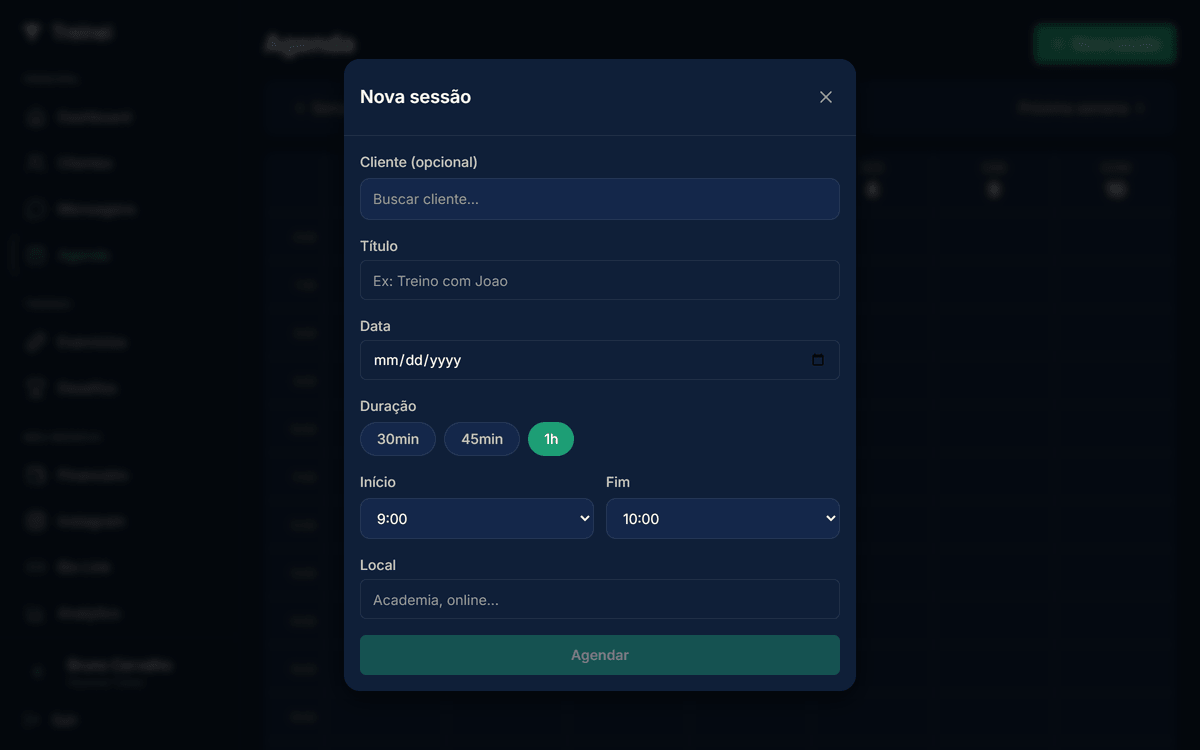 Modal Nova sessão com campos Cliente, Data, Hora início, Hora fim, Local e Observações