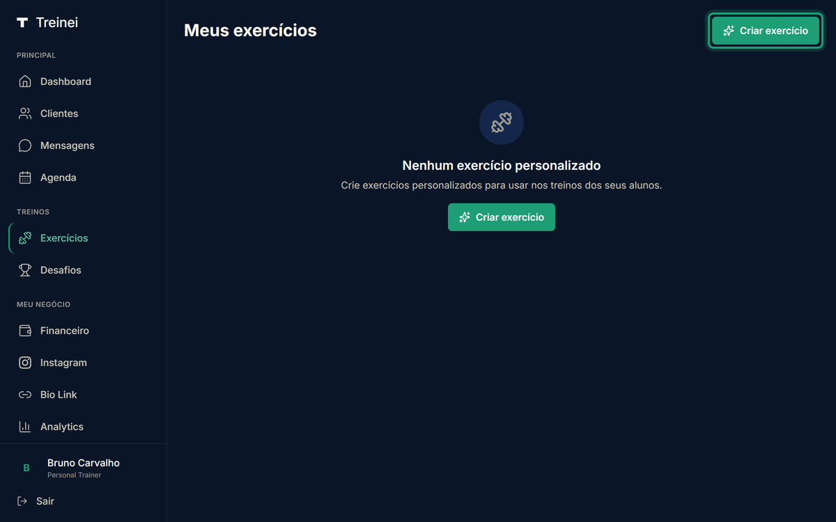 Página /exercises com retângulo verde destacando o botão Criar exercício