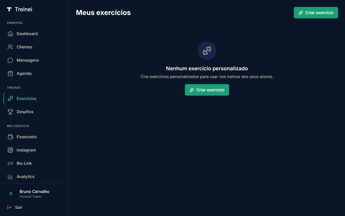 Página /exercises mostrando lista de exercícios personalizados com busca e botão Criar exercício