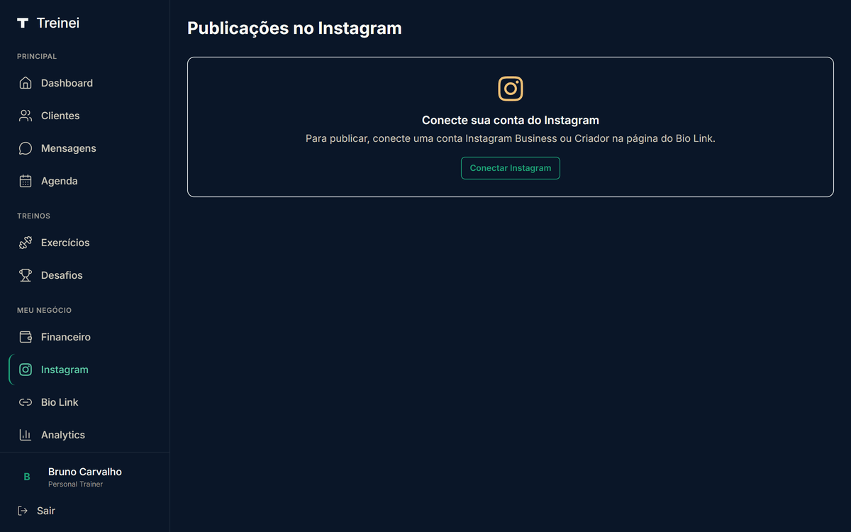 Página /instagram com aviso "Conecte sua conta do Instagram" e botão "Conectar Instagram" que leva ao bio link