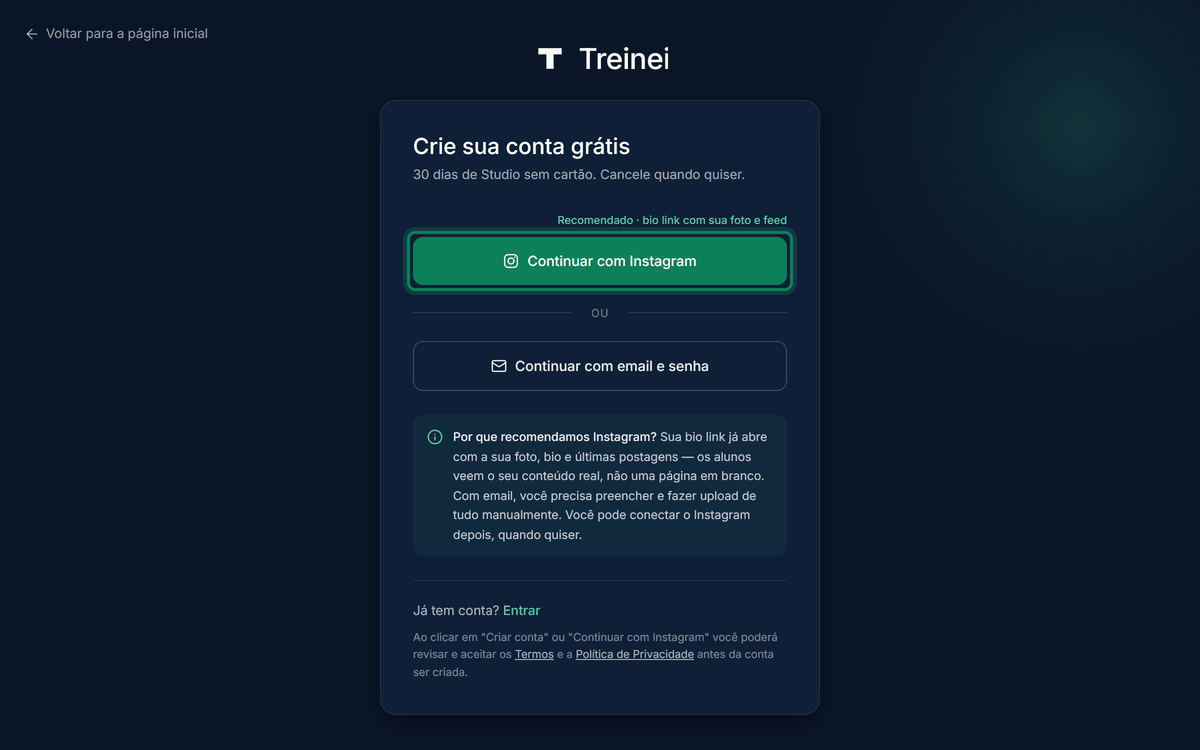 Página /register com retângulo verde em volta do botão Continuar com Instagram