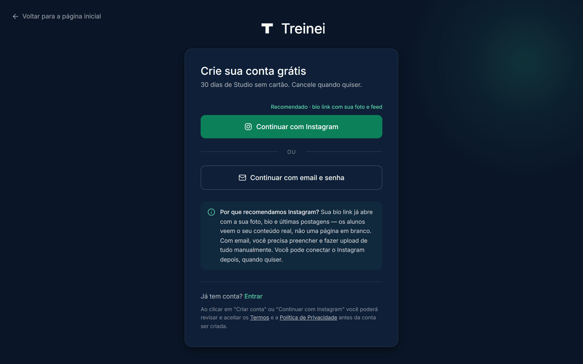 Tela de cadastro do Treinei mostrando botão Continuar com Instagram em verde no topo, divisor "ou" e botão Continuar com email e senha abaixo