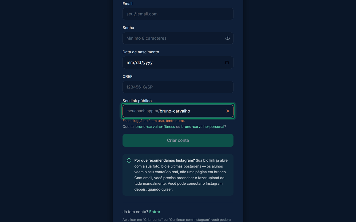Campo Seu link público preenchido com "bruno-carvalho" mostrando X vermelho indicando que já está em uso
