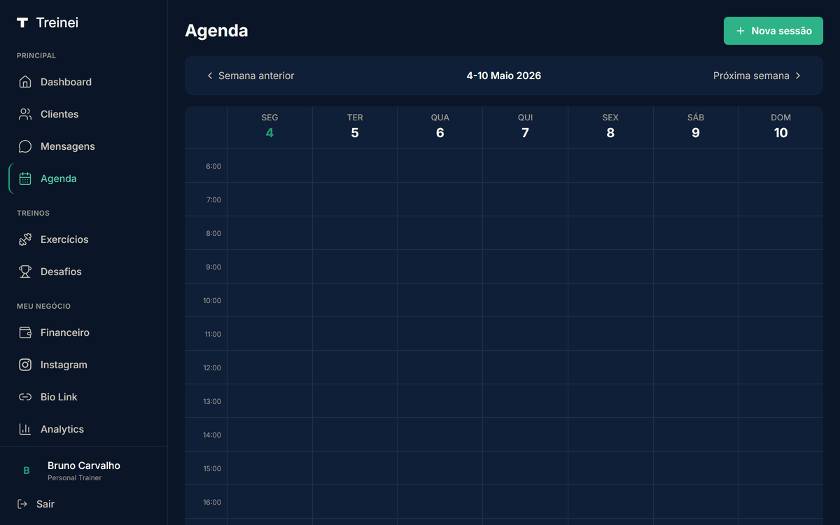 Calendário /schedule mostrando grade semanal das 6h às 22h com 8 sessões coloridas distribuídas em vários horários