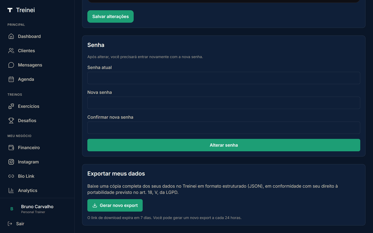 Cartão "Exportar meus dados" em /settings com explicação sobre LGPD, botão "Gerar novo export" e nota sobre cooldown de 24h