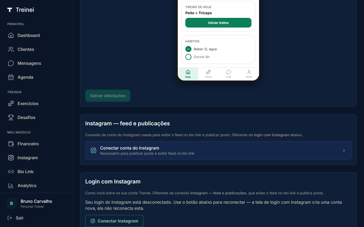 Seção de Instagram e login em /settings: cartão "Instagram — feed e publicações" no topo, logo abaixo o cartão "Login com Instagram" com botão "Conectar Instagram" para reanexar a mesma conta sem criar tenant novo, e por último o cartão "Login com email e senha" marcado como Ativo