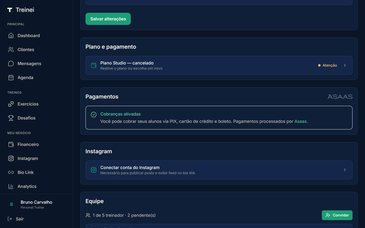Cartão Pagamentos em /settings com banner verde "Cobranças ativadas" e o logo do Asaas no canto