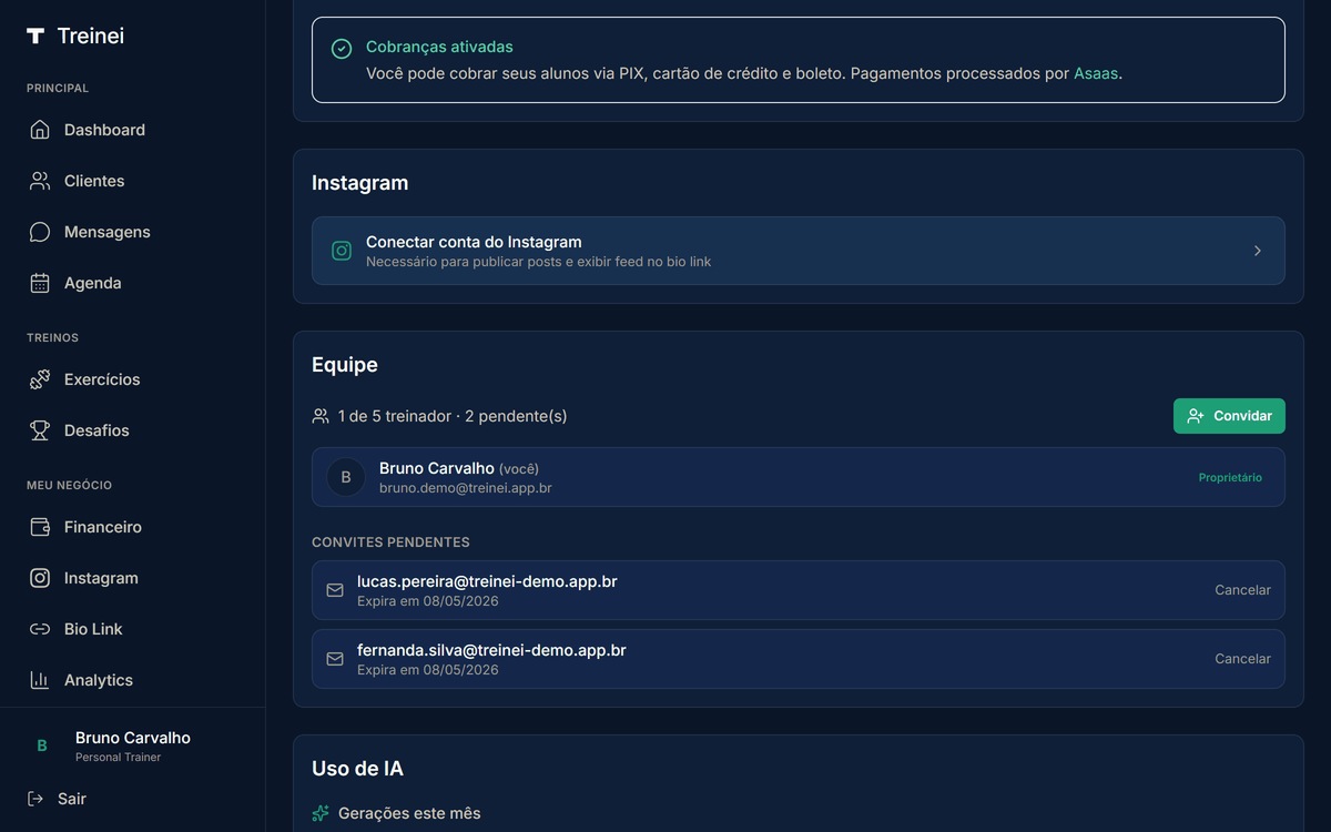 Cartão "Equipe" em /settings mostrando o Owner Bruno Carvalho como único membro e botão "Convidar" no canto