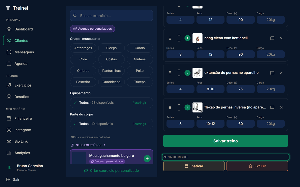 Editor de treino com a seção Zona de risco visível no rodapé direito, mostrando botão Inativar com fundo amarelo à esquerda e botão Excluir com fundo vermelho à direita