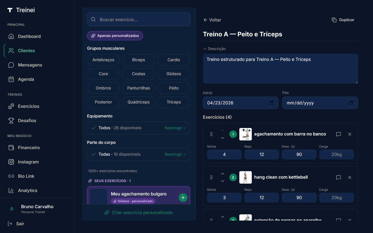 Editor de treino mostrando lista de exercícios com séries, reps e descansos, e botões Duplicar e Salvar no topo