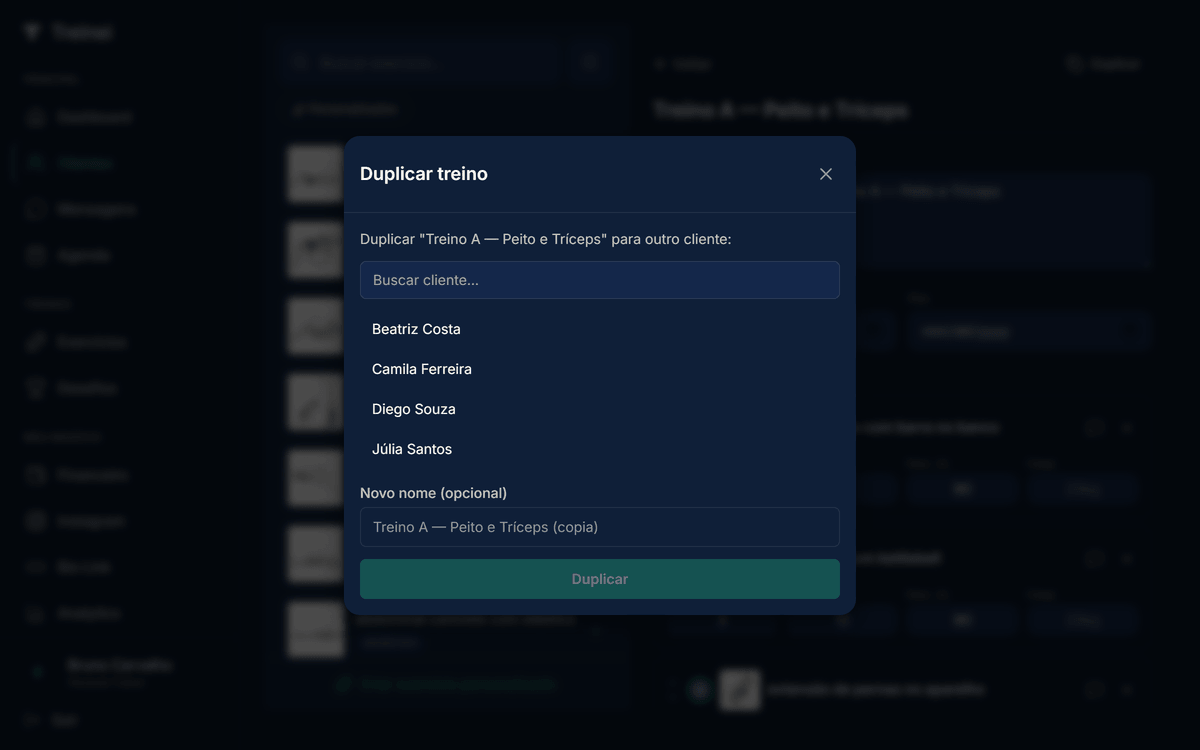 Modal Duplicar treino com campo para o nome do treino copiado e dropdown para escolher o aluno destino
