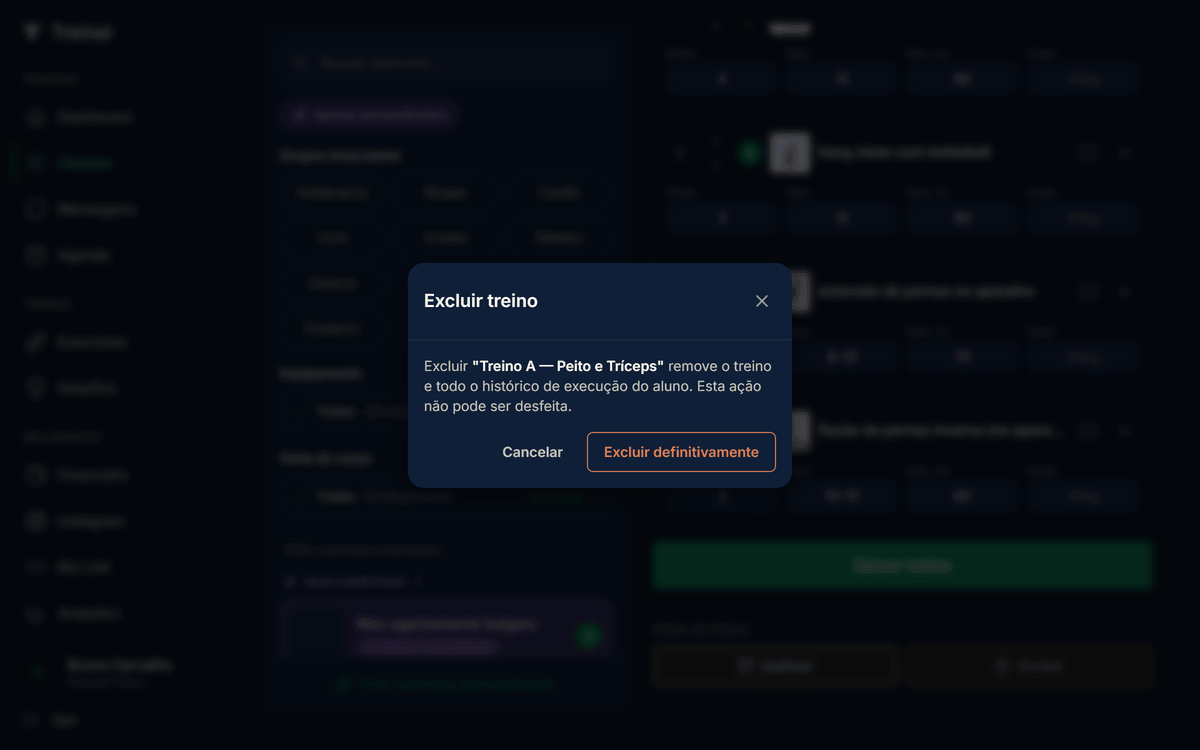 Modal Excluir treino com título, mensagem alertando que o treino e todo o histórico de execução do aluno serão removidos e que a ação não pode ser desfeita, e dois botões: Cancelar à esquerda e Excluir definitivamente à direita em vermelho